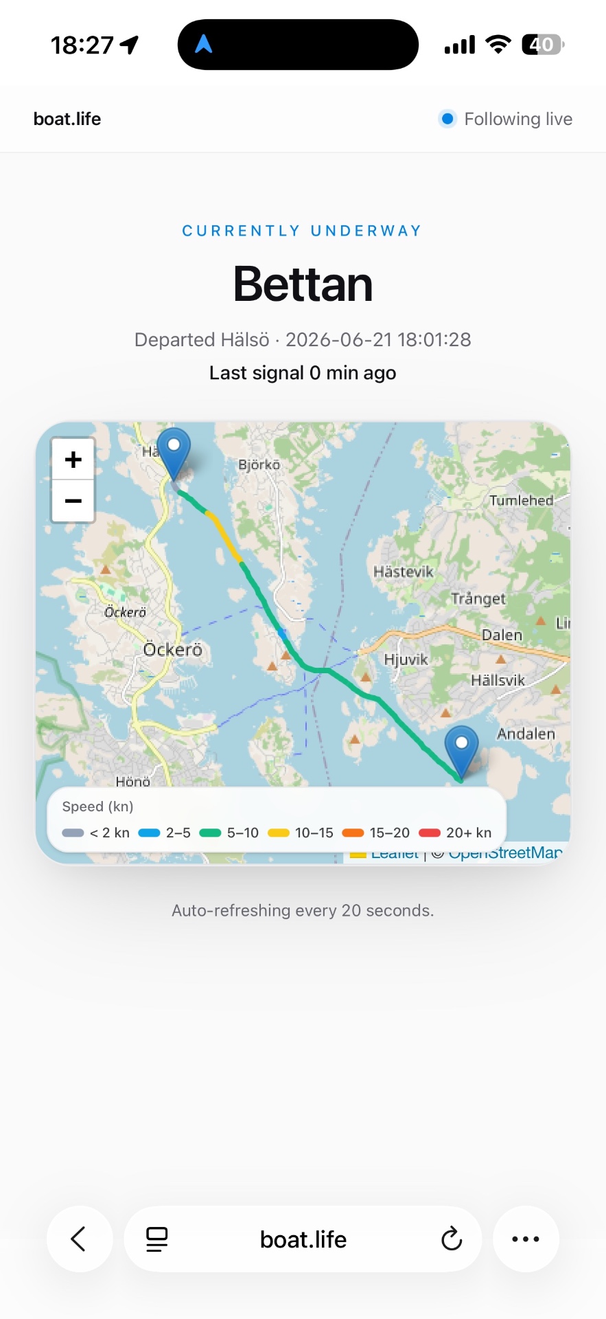 Live GPS tracking of a boat trip shared with family
