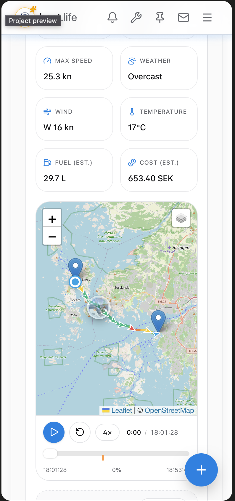 Trip replay with map, speed colours and scrub timeline